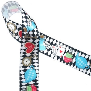 Alice in Wonderland ribbon Harlequin for tea party, birthday, theater, gift wrap, floral, bridal shower, sewing  printed on 1.5" white satin