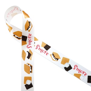 May include: White ribbon with a repeating pattern of graham crackers, chocolate squares, and marshmallows, with the word "S'more" printed in red.