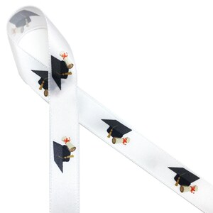Graduation ribbon with caps and diploma ideal for party favors, gift wrap, parties, cookies, cake pops, crafts printed on 5/8" white satin