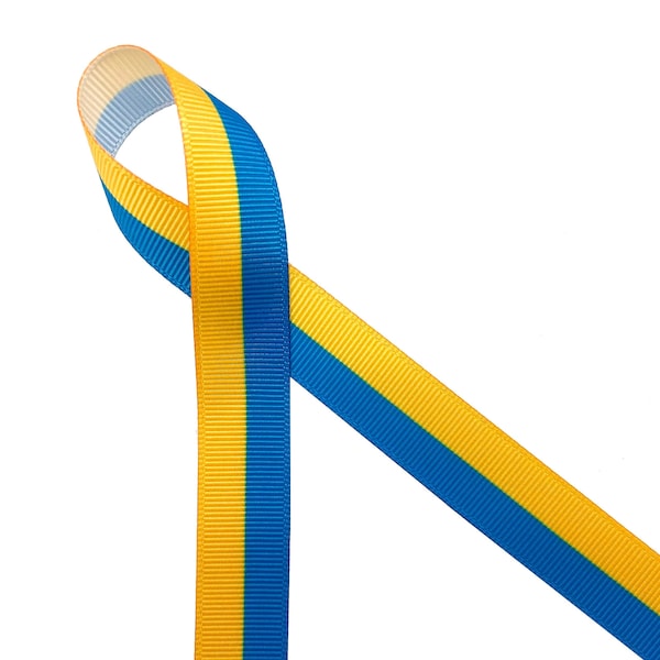 Ukraine flag stripe ribbon yellow and blue for lapel pins, lanyards, key fobs,  sports, gift wrap, quilting printed on 5/8" white grosgrain