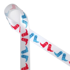 Cowboy boot ribbon for barbecues, 4th of July, baby showers, gift wrap, party decor, party favors, quilting, printed on 7/8" white satin