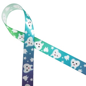Tooth ribbon perfect for dentists, orthodontists, tooth fairy gifts, gift wrap, quilting, cookies, candy, printed on 5/8" white satin