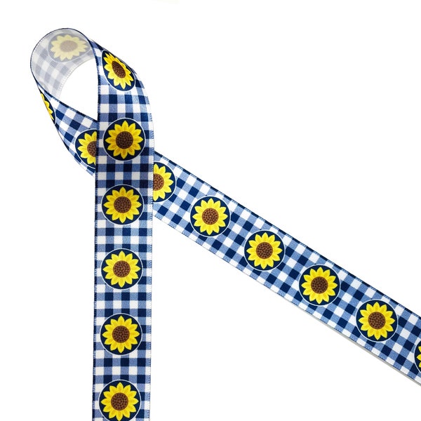 Sunflower ribbon with navy gingham for gift wrap, party decor, wreaths, head bands, hat bands, quilting, printed on 7/8" white grosgrain