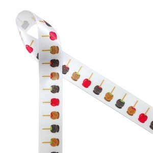 Candy apple ribbon fun for Fall parties, gift wrap, gift baskets, party favors, candy shops, cookies, quilting, printed on 7/8&quot;white satin