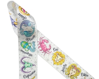 Astrology ribbon featuring the 12 Zodiac signs ideal for gift wrap, party decor, gift baskets, sewing, quilting printed on 1.5" white satin