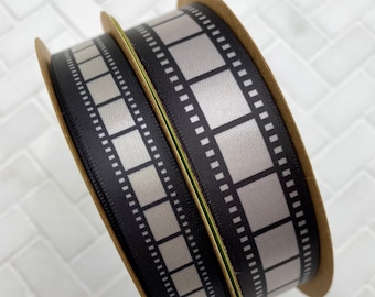 Film strip ribbon for Outdoor Movies, Movie Night Parties, Hollywood them parties, gift wrap, favors printed on 5/8" and 7/8" silver satin