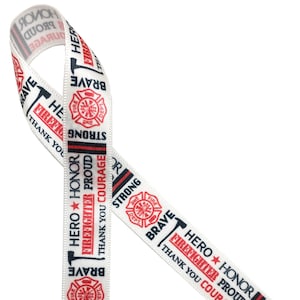 Firefighter word block ribbon in red and black printed on 5/8" and 7/8" white single face satin
