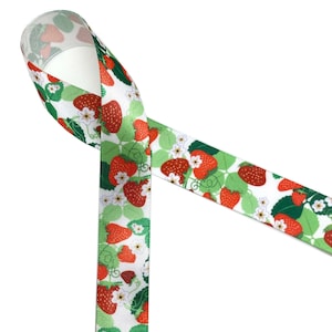 Strawberry Ribbon for gift wrap, food gifts, jam, jelly, gift baskets, party favors, cookies, quilting printed on 5/8" and 78" white satin