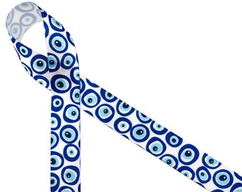 Evil Eye ribbon blue and white for gift wrap, gift baskets, party favors, crafts, sewing and quilting on 5/8" white single face satin