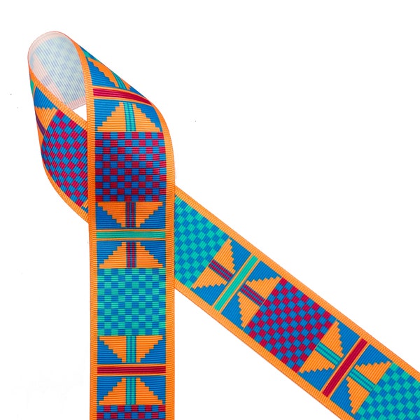 African Tribal ribbon Kente design orange/blue for Hatbands, headbands, sewing, gift wrap, quilting printed on 1.5" white grosgrain ribbon