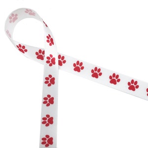 Paw print ribbon red paw prints for Valentine's Day, gift wrap, gift baskets, pet gifts, pet lovers, pet groomer printed on 5/8" white satin