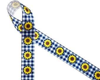Sunflower ribbon with navy gingham for gift wrap, party decor, gift baskets, sewing, quilting, party favors printed on 7/8" white satin
