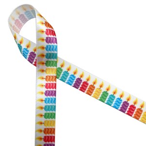 Birthday Candle ribbon in primary colors for gift wrap, party favors, party decor, sweets table, quilting, craft printed on 5/8" white satin