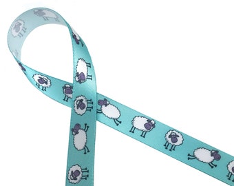 Sheep frolicking on a teal blue background printed on 5/8" white single face satin ribbon