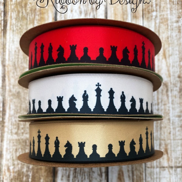 Chess ribbon ideal for gamers, party decor, party favors, gift wrap, gift baskets, quilting on red, Dijon or tan printed on 7/8" satin