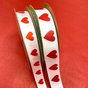 Valentine ribbon Red Hearts in a Row for gift wrap, favors, quilting, candy shops, chocolates, cookies,printed on 5/8&quot; and 7/8&quot; white satin