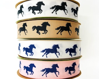 Equestrian ribbon horse running ideal for horse shows, pony finals, gift wrap, quilting, key fobs, party decor, printed on 7/8&quot; grosgrain