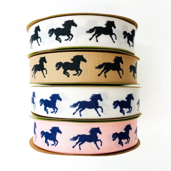 Equestrian ribbon horse running ideal for horse shows, pony finals, gift wrap, quilting, key fobs, party decor, printed on 7/8" grosgrain