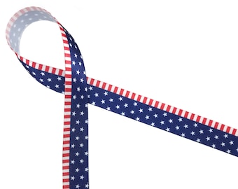American Flag ribbon for Americana, Patriotic,  4th of July, party favors, party decor, sweets table, gift wrap printed on 5/8" white satin