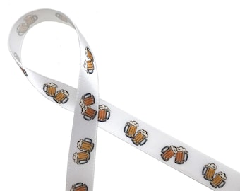 Beer mugs ribbon with froth on a golden brew  is ideal for brewery parties, brewery favors, sports themes printed on 5/8&quot; white satin