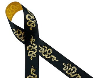 Snake Ribbon gold snakes on black for Goth designs, Occult themes, party favors, crafts, printed in red on 5/8" satin black on 7/8" satin