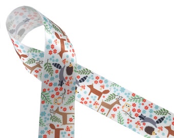 Woodland animal ribbon boho style for baby showers, Nursery decor, quilting, gift wrap, baby gifts,   printed on 5/8". 7/8" and 1.5" satin
