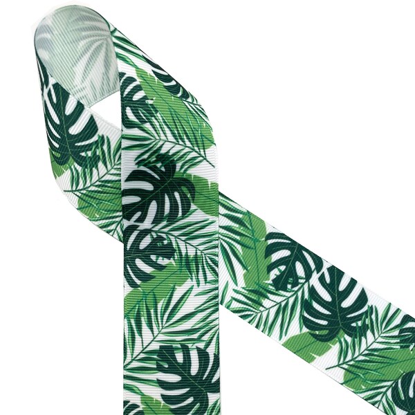 Palm Frond Ribbon tropical leaves for gift wrap, hatbands, quilting, headbands, bows, sewing, craft printed on 1.5" and 7/8" white grosgrain
