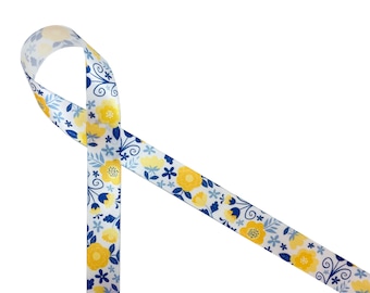 Mother&#39;s Day Floral ribbon in blue, yellow and white for bridal shower, gift wrap, party favors, party decor, printed on 5/8&quot; white satin