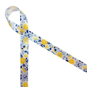 Mother's Day Floral ribbon in blue, yellow and white for bridal shower, gift wrap, party favors, party decor, printed on 5/8" white satin