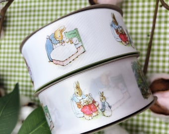 Rabbit ribbon for nursery, baby showers, baby gifts, gift wrap, gift baskets, quilting, hair bows printed on 1.5&quot; white satin and grosgrain