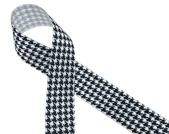 Houndstooth check ribbon black and white ideal for Alabama football,  gift wrap, gift baskets  printed on 7/8" and 1.5" white grosgrain