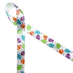 Easter ribbon Easter eggs for Easter baskets, gift wrap, party favors, Easter Brunch, Egg hunts, candy shops, printed on 5/8" white satin
