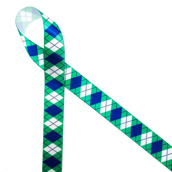 Argyle ribbon blue and green for golf gift wrap, golf gifts, favors, tournaments, golf theme, banquets, party  printed on 5/8" white satin