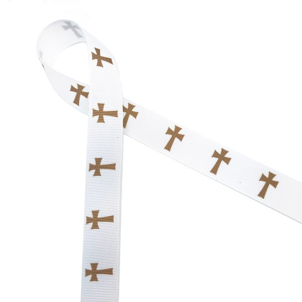 Cross Ribbon Christian, religious, Easter service, Church, confirmation, communion, baptism, quilting, sewing printed on 7/8" white ribbon