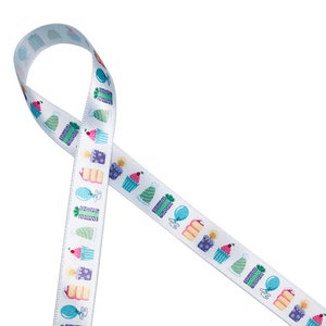 Birthday Ribbon ideal for gift wrap, party favors, gift baskets, cookies, cake pops, sweets table, quilting, printed  on 5/8" white satin