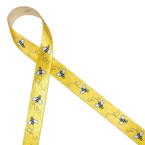 Bee Ribbon with a honeycomb background honey bees, bumble bees, for bee keepers, honey jars, gift wrap, quilting printed on 5/8" white satin