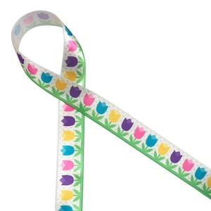 Easter Ribbon Tulips in Spring colors for baskets, Easter brunch, Mother's Day, quilting, gift wrap, crafts printed on 7/8" white satin