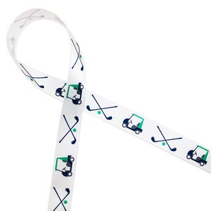 Golf ribbon with carts and clubs ideal for tournaments, favors, gift wrap, Father's Day, birthday, banquets , awards on 5/8" white satin