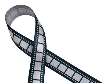 Film strip ribbon for Outdoor Movies, Movie Night Parties, Hollywood them parties, gift wrap, favors printed on 5/8" and 7/8" silver satin