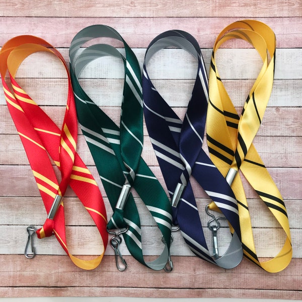 Wizard lanyards with  yellow/black, red/yellow, blue/silver, green/silver stripes  printed on 7/8" satin ribbon