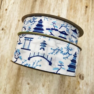 Japanese Pagoda Chinoiserie ribbon blue and white, for gift wrap, tree trim, wreaths, florals, crafts, printed on 7/8&quot; and 1.5&quot; white satin