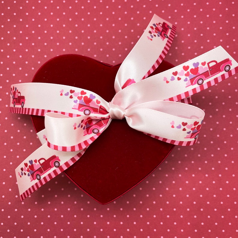 Valentine ribbon red truck with hearts for gift wrap table decor quilting floral design crafts printed on 78 pink satin party favors