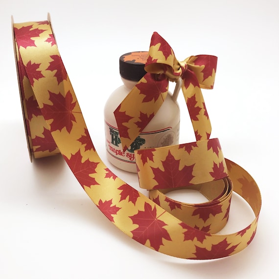 Maple leaves ribbon for Fall gift wrap, wreaths, gift baskets, table decor, Thanksgiving decor, quilting,  printed on 7/8" dijon gold satin