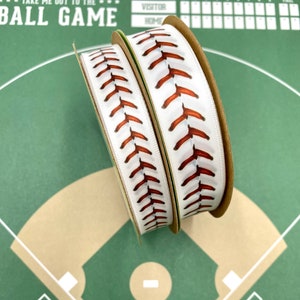 Baseball ribbon for gift wrap, party  favors, league banquets, favors, quilting, awards, stitches in red  on 5/8" or 7/8" white satin