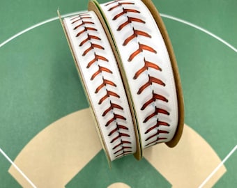 Baseball ribbon for gift wrap, party  favors, league banquets, favors, quilting, awards, stitches in red  on 5/8&quot; or 7/8&quot; white satin