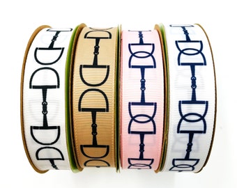 Equestrian Snaffle bit ribbon ideal for horse shows, lead line bows, pony finals, horse theme printed on 7/8&quot; white , tan or pink grosgrain