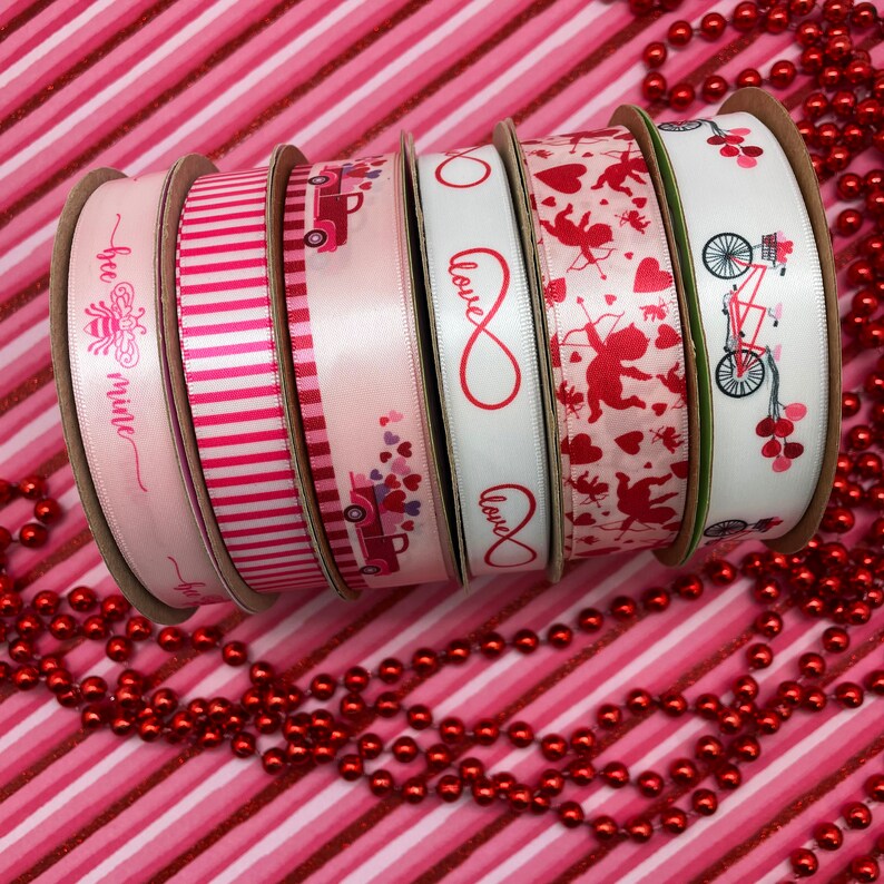 Valentine ribbon red truck with hearts for gift wrap table decor quilting floral design crafts printed on 78 pink satin party favors