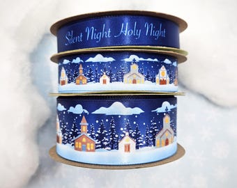 Christmas Church ribbon Churches in the snow with pine trees for gift wrap and crafts printed on 7/8" and 1.5" white single face satin