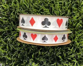 Playing card suit ribbon for sewing, quilting, gifts favors, floral design, Alice in Wonderland, Casino printed on 5/8&quot; and 7/8&quot; white satin