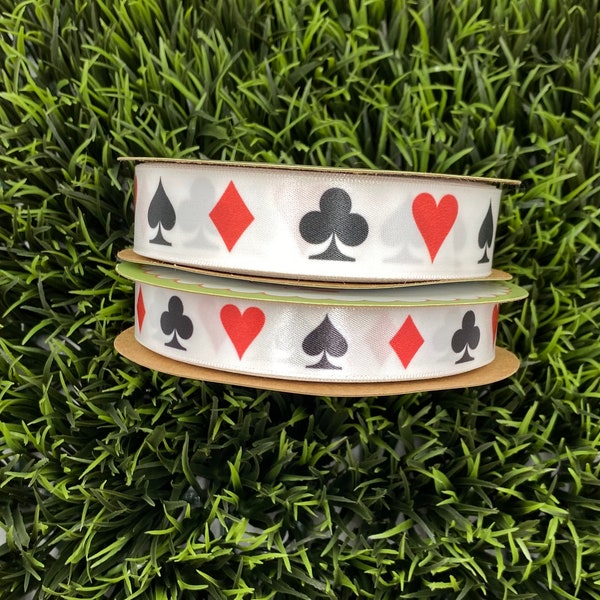 Playing card suit ribbon for sewing, quilting, gifts favors, floral design, Alice in Wonderland, Casino printed on 5/8" and 7/8" white satin